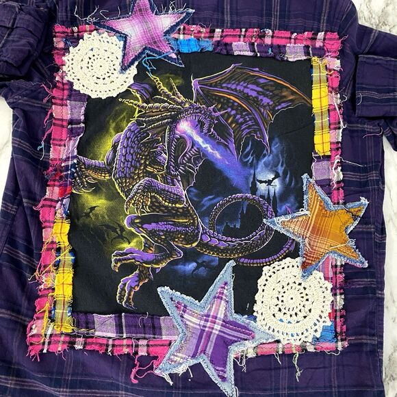 Upcycled Flannel Shirt Shacket Womens XL Dragon Grunge Purple Patchwork Folk Art - Picture 4 of 14